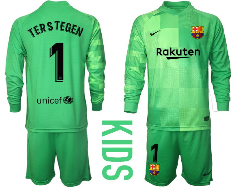 Youth 2021-2022 Club Barcelona green goalkeeper long sleeve #1 Soccer Jersey->youth soccer jersey->Youth Jersey